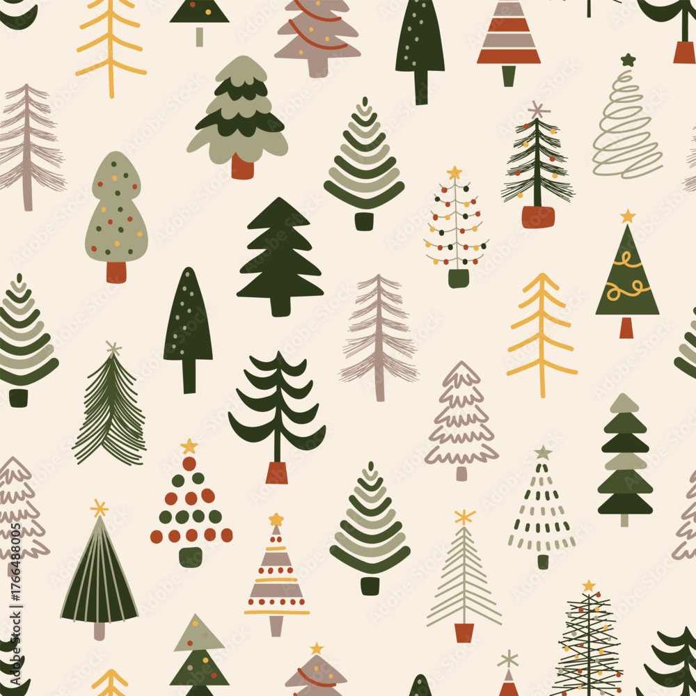Obraz premium CHRISTMAS TREE seamless pattern cute background hand drawn illustration simple drawing decorative doodle kiddy wallpaper repeat tile design