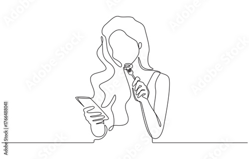 Continuous one line drawing of woman looking at her smartphone while eating, representing modern lifestyle, multitasking, and the blend of technology with daily habits, single line art.
