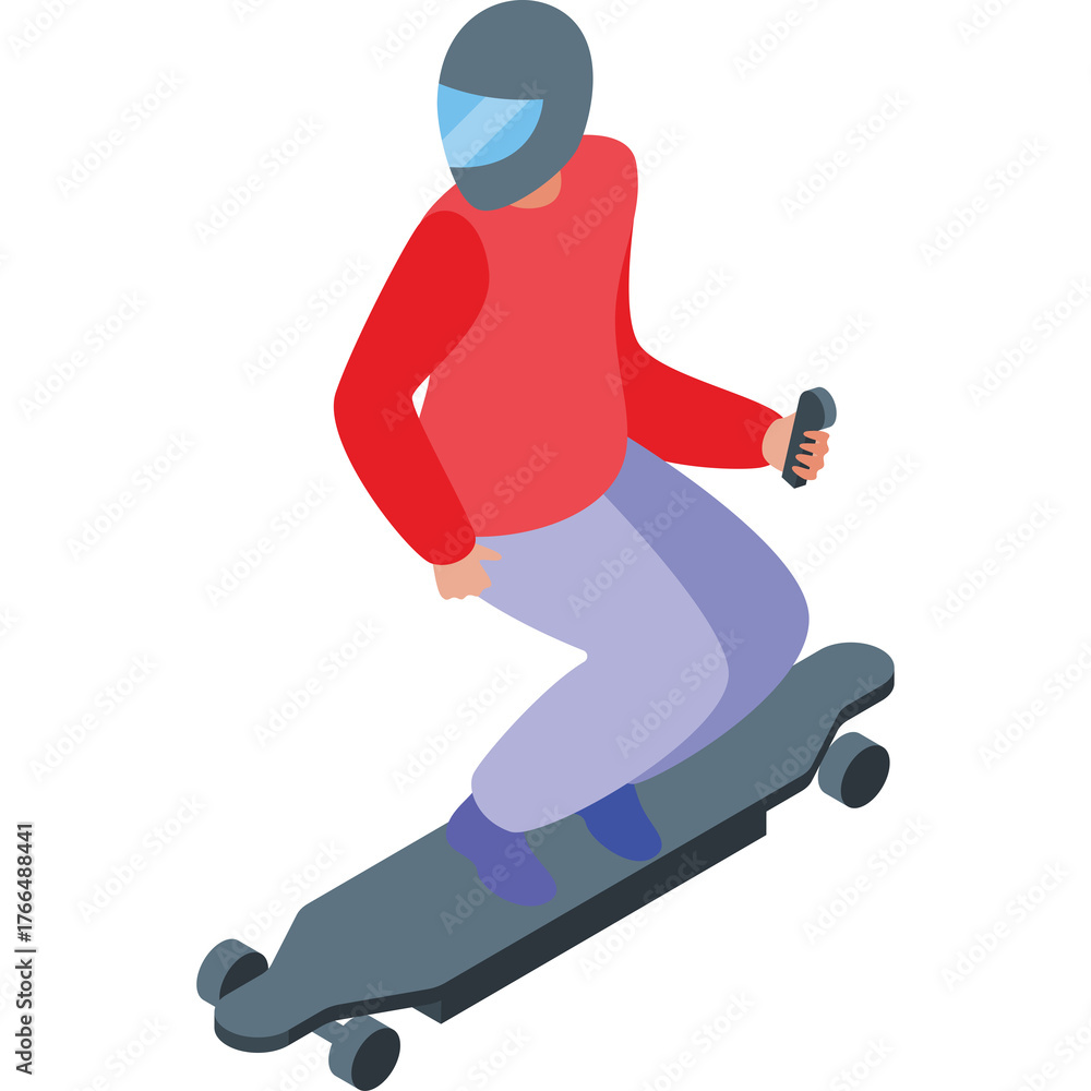 Obraz premium Person Wearing Helmet Riding Electric Skateboard Downhill With Red Shirt And Blue Pants In A Dynamic Pose With Transparent Background