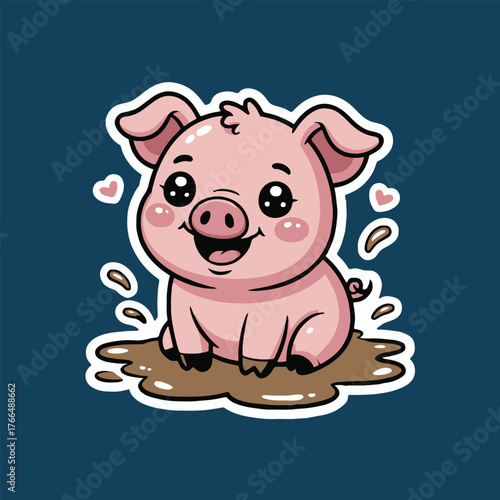 A cartoon pig sitting in mud with hearts floating around it on a dark blue background sticker style
