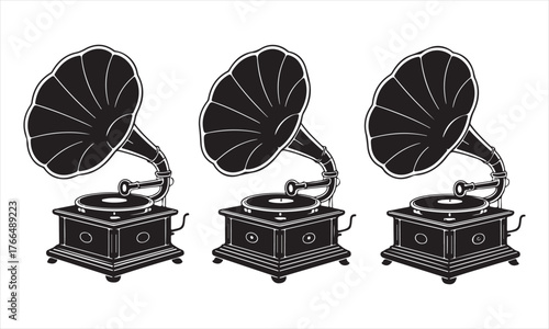 Black and white vector illustration of gramophones, antique phonograph collection for classic audio, design, and music nostalgia