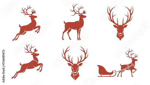 Christmas Reindeer Icon Set with Antlers, Sleigh, and Deer Silhouettes