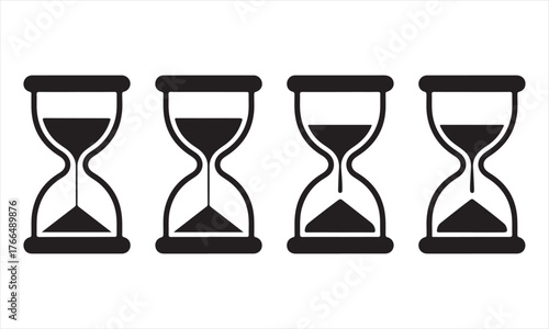 Hourglass sand timer vector set in black and white, silhouette icons representing time passage, patience, and countdown concepts
