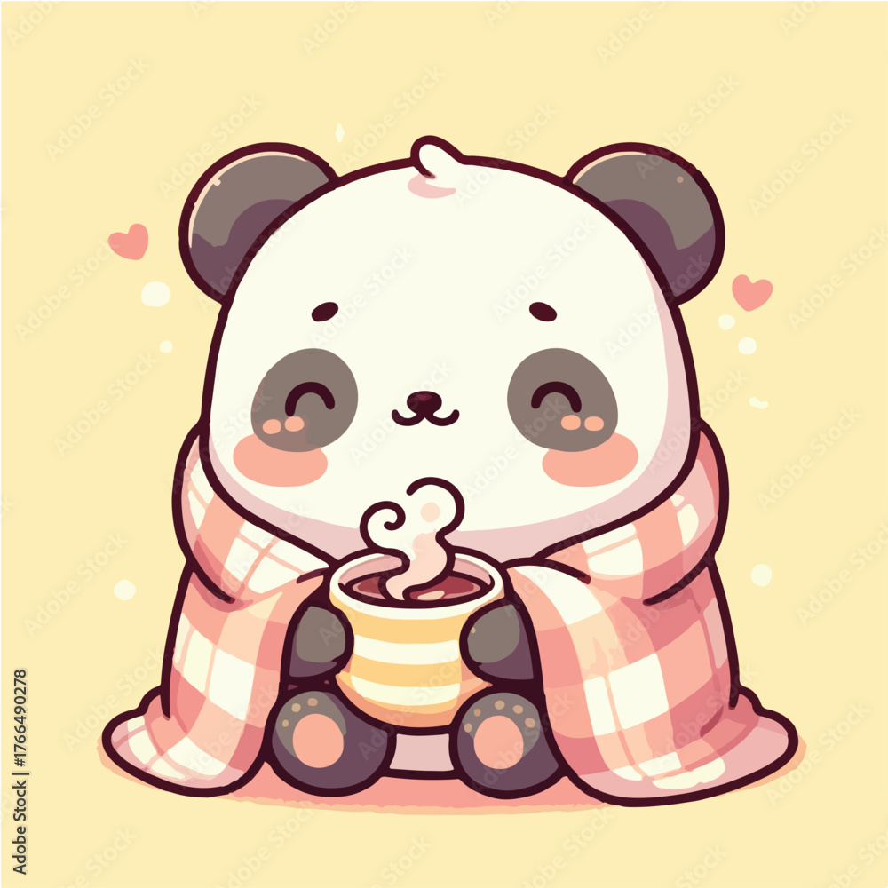 Obraz premium Kawaii Panda Wrapped in Blanket – Cute Cozy Animal Vector Illustration