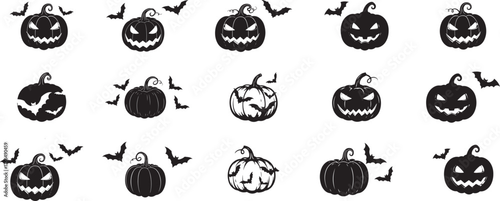 Obraz premium Collection of spooky halloween jack-o-lanterns and bats silhouette graphics for festive holiday decorations and designs vector