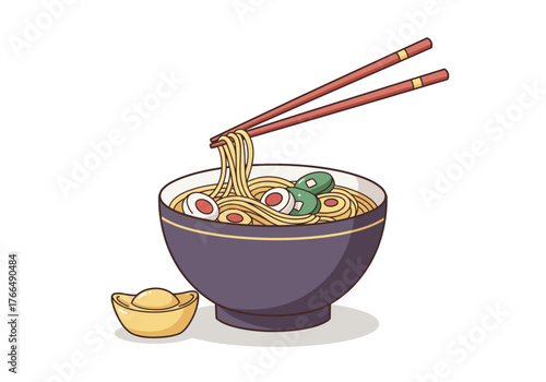 Delicious Ramen Bowl with Chopsticks and Golden Ingot Illustration.