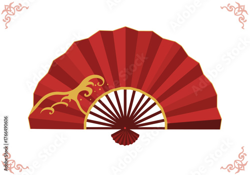Elegant Red Chinese Fan with Golden Accents and Decorative Corners.