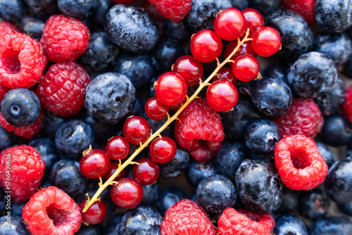 A plate with berries. Blackcurrants, raspberries and blueberries top view.