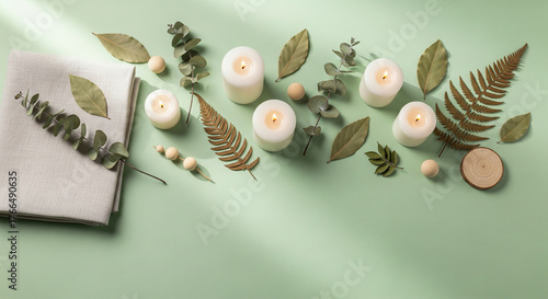 Minimalist flatlay with natural textures and green pastel tones for New Year 2026