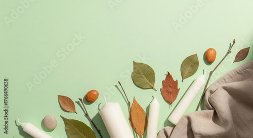 Minimalist flatlay with natural textures and green pastel tones for New Year 2026