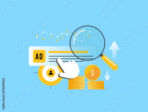 PPC advertising analysis optimizes pay per click campaigns. Ad performance metrics, ppc user clicks, cost stacks, revenue arrows, trend graphs for enhanced digital marketing ROI. Vector illustration