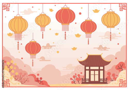 Chinese New Year Celebration with Lanterns and Traditional Architecture.