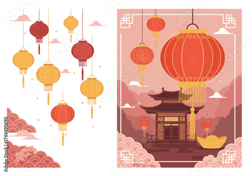 Chinese New Year Lanterns and Temple Illustration.
