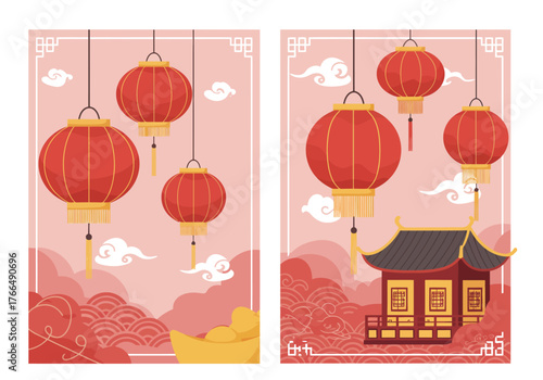 Chinese New Year Lanterns and Landscape Illustration.