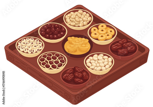 Assorted Cereal Bowls on a Tray: Breakfast Variety.