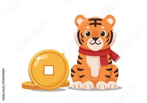 Cute Tiger with Chinese Coins for Lunar New Year.