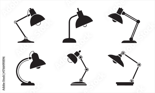 Set of retro and contemporary desk lamp silhouettes, electric table light icons for office and home design concepts