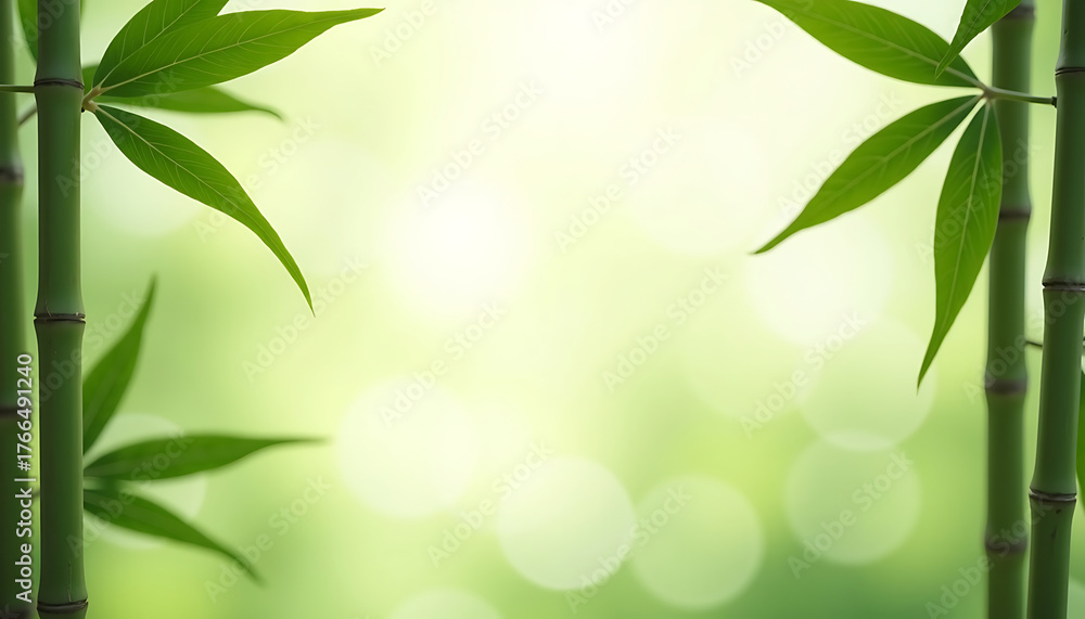 Fototapeta premium Green Bamboo Stems and Leaves on Soft Light Background