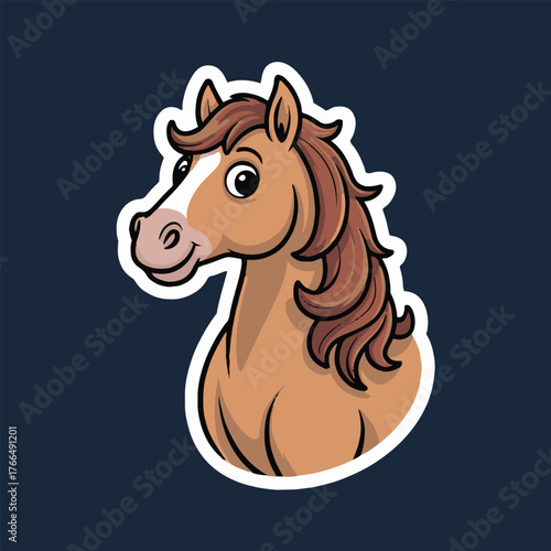 Cartoon illustration of a brown horse head with a white stripe and a dark blue background