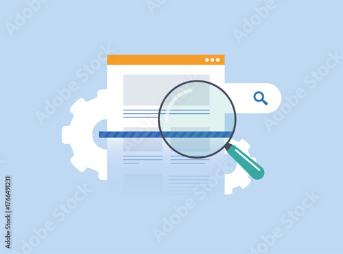 Web crawler check website browser content. Magnifying lens with gears symbolizing search engine robots and website indexing processes for enhanced SEO analysis and data processing vector illustration