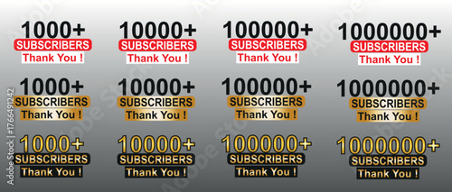 YouTube Subscribers Milestone Badges Vector Set - 1000, 10000, 100000, 1000000 Thank You Labels