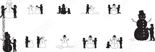 Silhouette collection of children building snowmen and enjoying winter snow activities creating joyful childhood memories outdoors vector