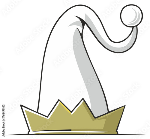 Funny white jester cap with golden crown and fluffy pompom illustration