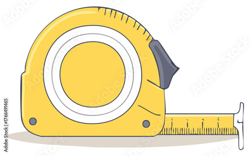 Yellow tape measure tool with extended measuring tape and scale