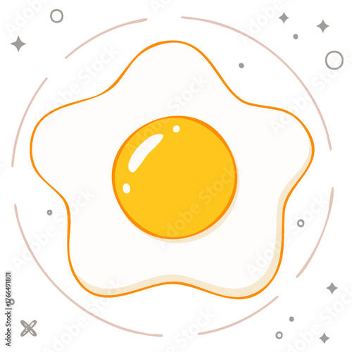 Cute fried egg cartoon vector illustration with a shiny yellow yolk and decorative sparkles