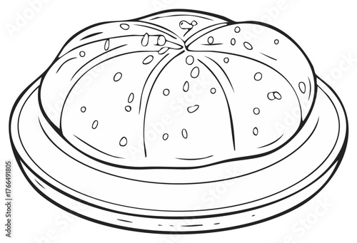 Simple black and white line art illustration of a fresh baked kaiser roll on a plate