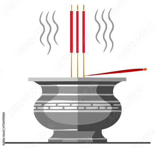Incense Pot Still Life Depicts Fragrant Red Sticks Rising in Smoke Aromatic Spirituality