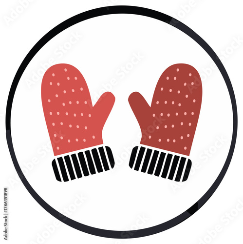 Pair of red woolen mittens with polka dots and striped cuffs in a winter themed illustration