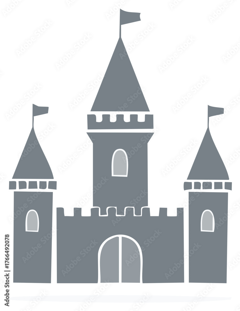 Obraz premium Gray castle illustration with tall towers and flags and arched double doors