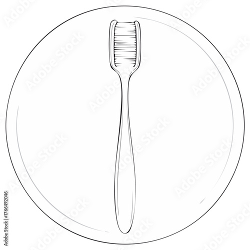 Minimalist toothbrush line art drawing in a circle icon for dental hygiene and oral care