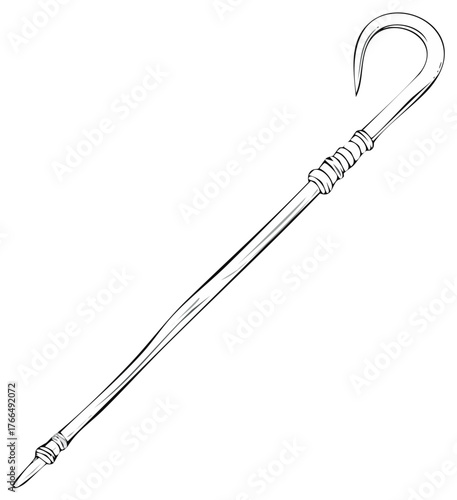 Shepherd's crook line art illustration, simple walking stick with curved handle, black and white design