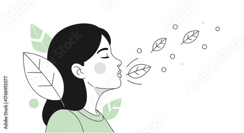 Woman breathing fresh air with leaves representing nature and healthy lifestyle