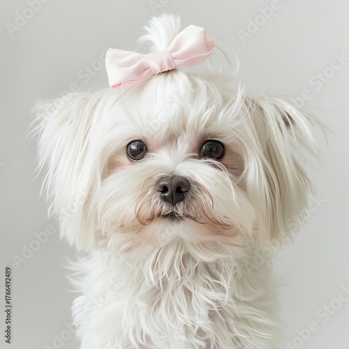 a white dog with a pink bow on its head.