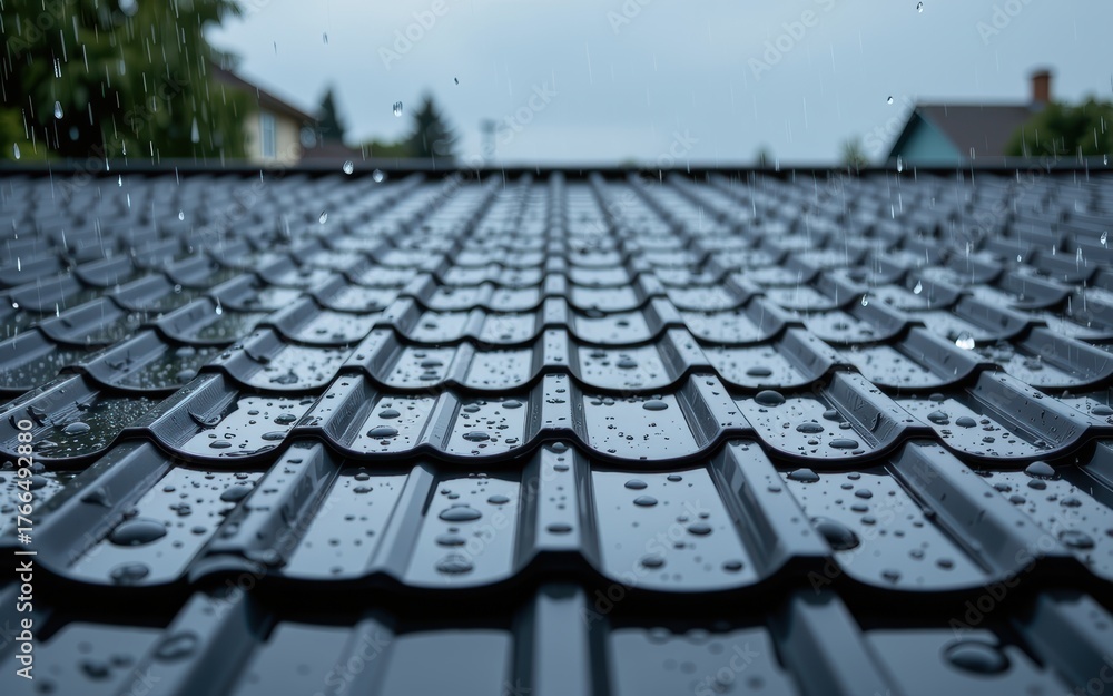 Obraz premium Rainwater on a textured black metal roof with a cloudy sky above.
