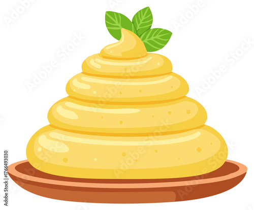 Swirled yellow mashed potato causa or creamy hummus dip with mint garnish vector illustration