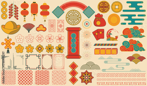 Traditional Chinese New Year Decorative Elements Set – Oriental Festival Symbols and Ornaments