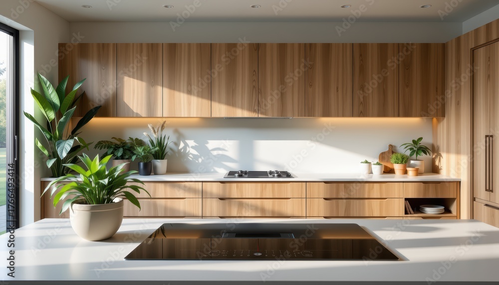 Fototapeta premium Modern kitchen with wooden cabinets, plants, and a sleek countertop.