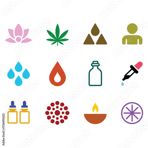 Colorful Natural Wellness Icons: Essential Oils, CBD, and Spa Symbols, set of medical icons vector