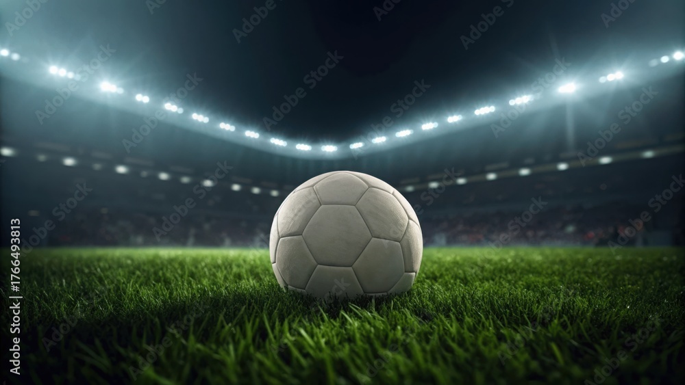 Obraz premium Soccer ball on a lush green grass field in a brightly lit stadium at night