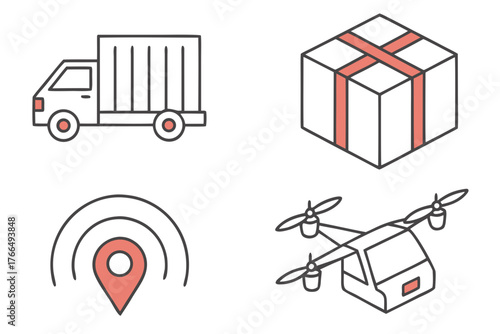 Delivery icons truck, package, location, and drone