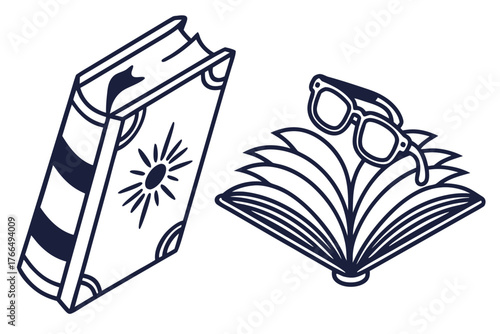Open book with glasses and closed book