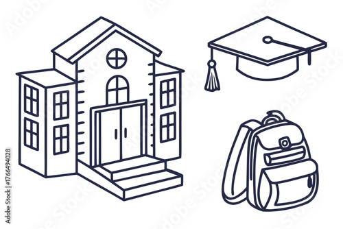 School building, graduation cap, and backpack
