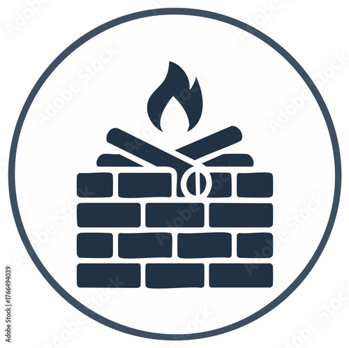 Stylized Brick Fireplace Icon with Flame in Circle for Vector Illustration