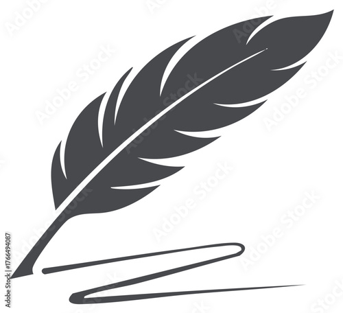 Classic feather quill pen icon writing a signature line, a vintage symbol of literature and poetry