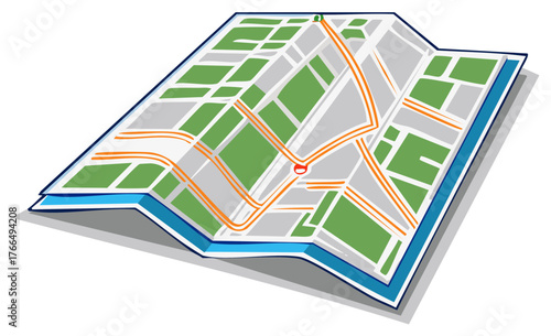 Folded City Map with Route Marked to Destination, Illustrated Road Map