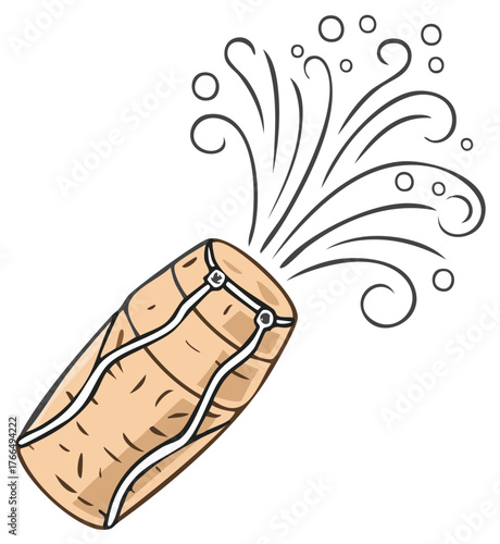 Hand-drawn Illustration of Popping Champagne Cork with Celebratory Effervescence